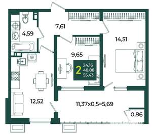 2-к квартира, вторичка, 55м2, 4/18 этаж