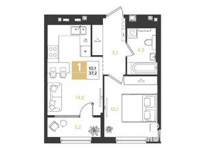 1-к квартира, вторичка, 37м2, 2/9 этаж