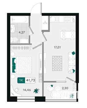1-к квартира, вторичка, 42м2, 3/18 этаж