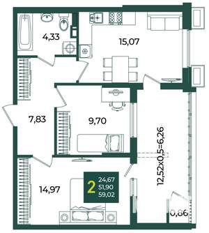 2-к квартира, вторичка, 59м2, 5/18 этаж