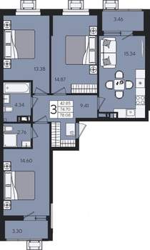 3-к квартира, строящийся дом, 78м2, 5/9 этаж