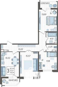 3-к квартира, строящийся дом, 80м2, 16/23 этаж