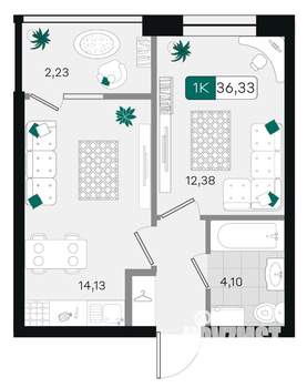 1-к квартира, вторичка, 36м2, 9/9 этаж