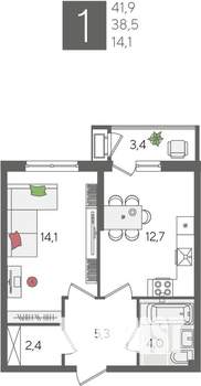 1-к квартира, строящийся дом, 42м2, 2/24 этаж