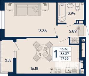 1-к квартира, вторичка, 38м2, 7/18 этаж