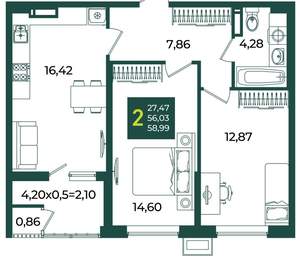 2-к квартира, вторичка, 59м2, 11/18 этаж