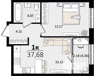 1-к квартира, строящийся дом, 36м2, 15/16 этаж
