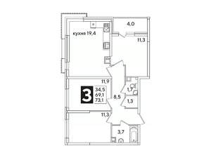 3-к квартира, вторичка, 73м2, 6/16 этаж