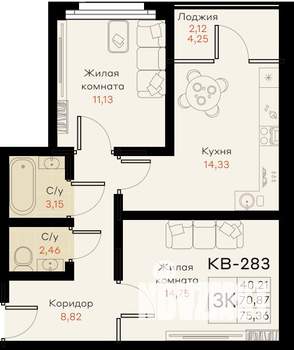 3-к квартира, вторичка, 74м2, 12/18 этаж