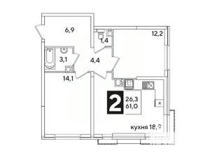 2-к квартира, вторичка, 62м2, 6/16 этаж