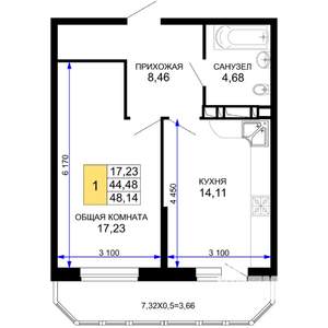 1-к квартира, вторичка, 48м2, 9/19 этаж