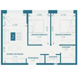 2-к квартира, строящийся дом, 55м2, 7/18 этаж