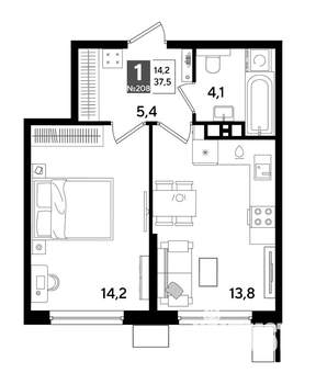 1-к квартира, строящийся дом, 38м2, 5/19 этаж