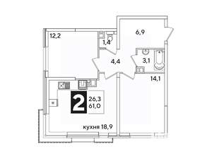 2-к квартира, вторичка, 61м2, 6/16 этаж