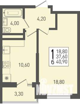 1-к квартира, строящийся дом, 41м2, 4/22 этаж