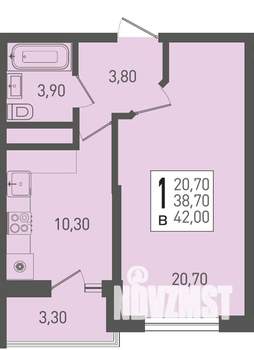 1-к квартира, строящийся дом, 42м2, 17/22 этаж