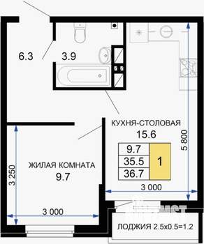 1-к квартира, сданный дом, 37м2, 8/16 этаж