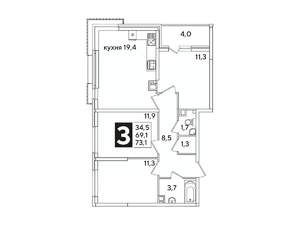 3-к квартира, вторичка, 73м2, 6/16 этаж