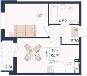 1-к квартира, вторичка, 36м2, 11/18 этаж
