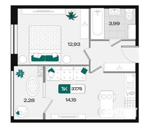 1-к квартира, вторичка, 38м2, 5/18 этаж
