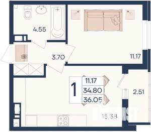 1-к квартира, вторичка, 36м2, 6/18 этаж