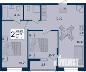 2-к квартира, вторичка, 64м2, 2/18 этаж