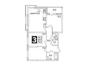 3-к квартира, вторичка, 73м2, 12/16 этаж