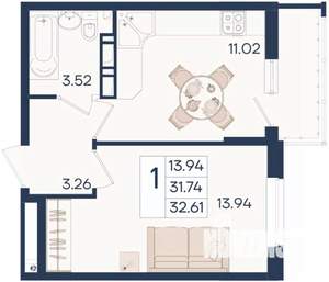 1-к квартира, вторичка, 33м2, 5/18 этаж
