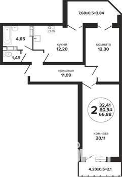 2-к квартира, вторичка, 67м2, 23/24 этаж