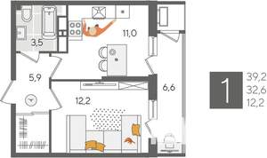 1-к квартира, строящийся дом, 39м2, 23/24 этаж