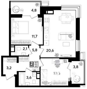 2-к квартира, строящийся дом, 66м2, 12/18 этаж