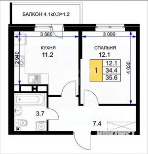 1-к квартира, вторичка, 36м2, 4/16 этаж