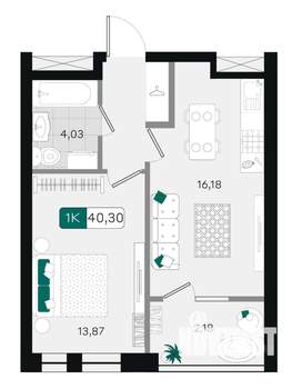 1-к квартира, вторичка, 40м2, 2/18 этаж
