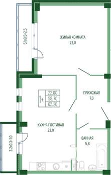 1-к квартира, вторичка, 63м2, 1/7 этаж