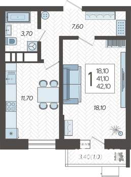1-к квартира, строящийся дом, 42м2, 12/12 этаж