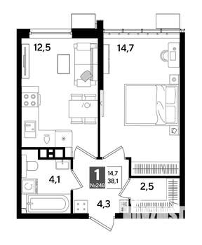 1-к квартира, вторичка, 38м2, 9/19 этаж