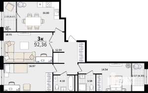 3-к квартира, вторичка, 92м2, 3/16 этаж