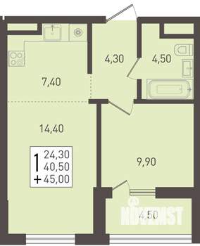 1-к квартира, строящийся дом, 45м2, 6/8 этаж
