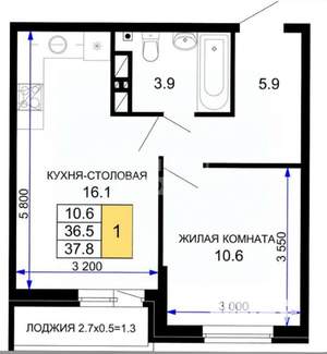 1-к квартира, сданный дом, 38м2, 4/16 этаж