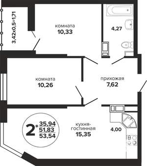 2-к квартира, вторичка, 54м2, 22/24 этаж
