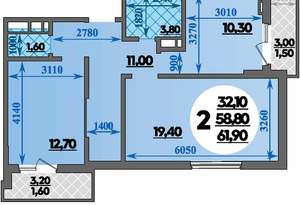 2-к квартира, вторичка, 62м2, 13/22 этаж
