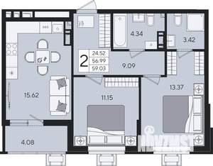 2-к квартира, строящийся дом, 59м2, 3/9 этаж