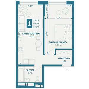 1-к квартира, строящийся дом, 44м2, 9/18 этаж