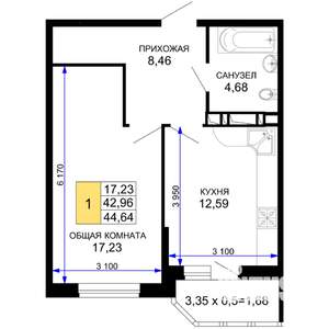 1-к квартира, строящийся дом, 45м2, 2/19 этаж