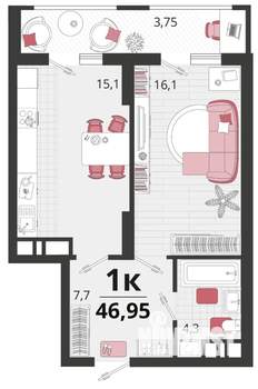 1-к квартира, вторичка, 47м2, 5/18 этаж