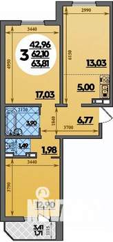 3-к квартира, вторичка, 64м2, 6/8 этаж