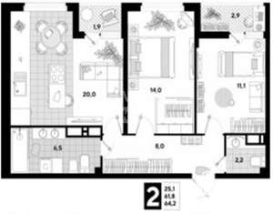 2-к квартира, вторичка, 64м2, 13/16 этаж