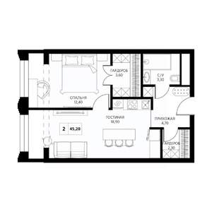 2-к квартира, строящийся дом, 45м2, 4/19 этаж