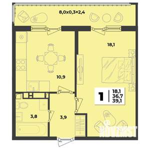 1-к квартира, вторичка, 39м2, 5/9 этаж