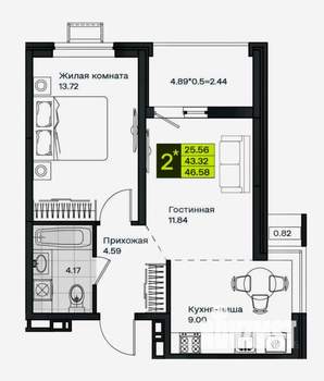 2-к квартира, вторичка, 46м2, 2/9 этаж